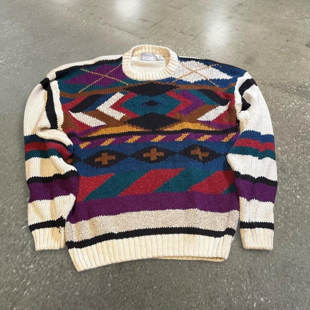 Vintage Cattivo Studio Mens Large Multi Color Knit Geometric Ramie Sweater